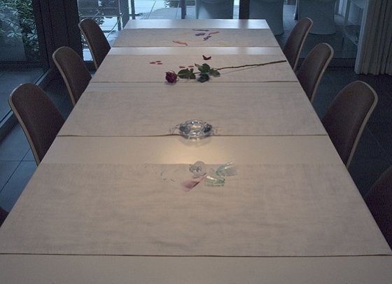 Tabletalk, 2003, 4 table runners, cotton, digital print, Kunst Op Kamers, De Rijp, The Netherlands 
