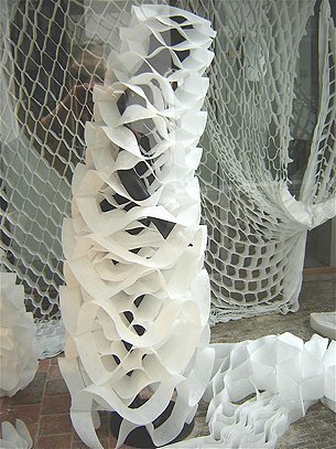 Installation 2D-3D: costumes, curtain, nonwovens, Vitrine 2008, Antwerp, Belgium