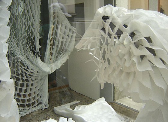 Installation 2D-3D: costumes, curtain, nonwovens, Vitrine 2008, Antwerp, Belgium